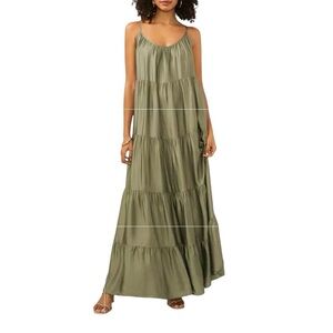 Vince Camuto Tiered Maxi Dress Size S Olive Green Rayon Satin Flowy Bohemian